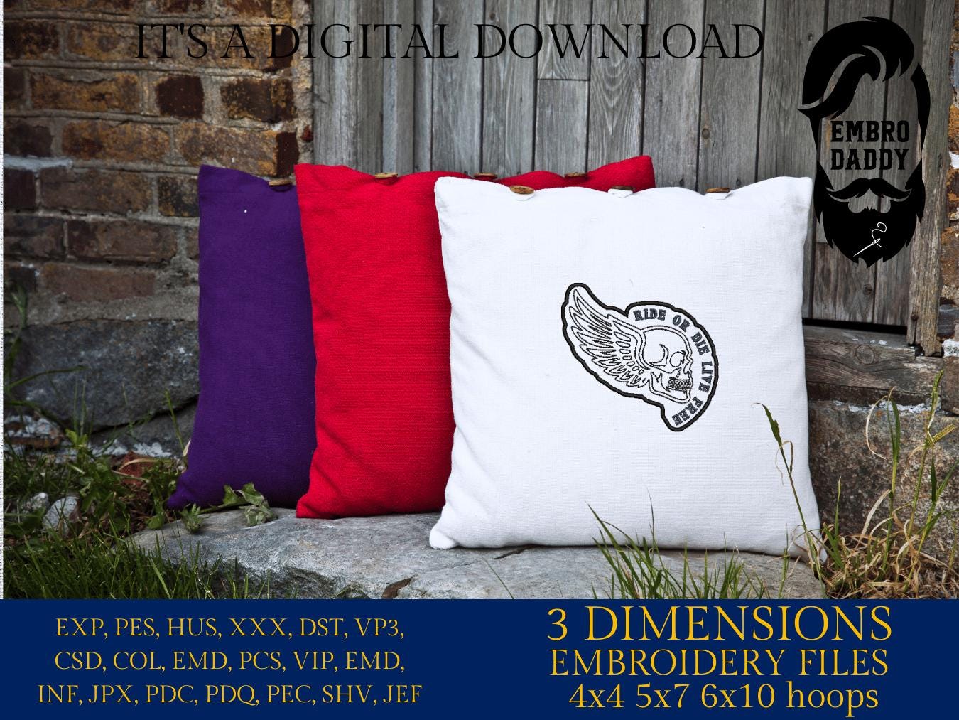 Machine Embroidery files, Ride or Die Biker, Live Free Skull, Racing Motorcycle Wings Chopper Bike, PES, dst, xxx, hus & more