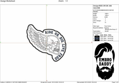 Machine Embroidery files, Ride or Die Biker, Live Free Skull, Racing Motorcycle Wings Chopper Bike, PES, dst, xxx, hus & more