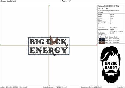 Machine Embroidery files, Big Duck Energy Embroidery Design, Funny Duck, PES, xxx, hus, dst & more