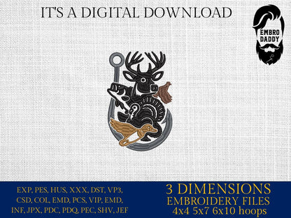 Machine Embroidery files, Hunting, Deer Duck Bird Pheasant Fishing Hook Hunter Outdoor Sportsman, PES, DST, xxx, hus & more,
