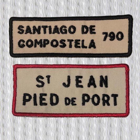 Camino de Santiago Patch Set – Santiago de Compostela 780 & St. Jean Pied de Port Embroidered Pilgrim Badges, Way of Saint James