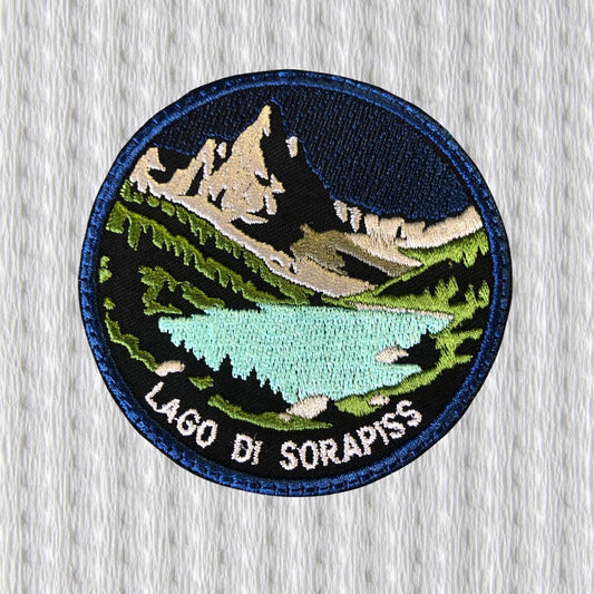 Lago di Sorapiss Iron-On Patch – Embroidered Mountain Badge, Italian Alps Souvenir, Travel Patch for Backpack, Jacket, Hiking Gear