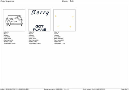 Machine Embroidery files, Sorry Got Plans, Funny Cat, Funny, Sleepy, Cat, PES, DST, xxx, hus & more
