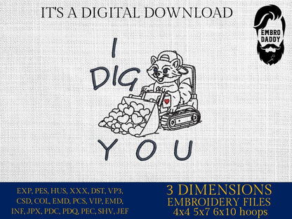 Machine Embroidery files, Boy Valentine Raccoon, I Dig You Funny Excavator Heart, Feral Kids Valentine Design, PES, xxx, hus & more