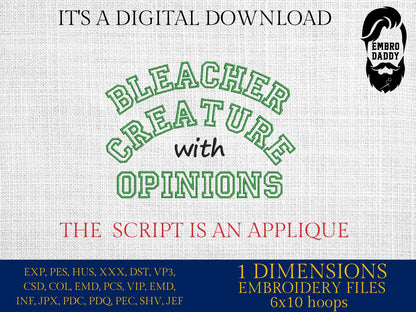 Machine Embroidery files, Funny Bleacher Creature Mom appliqué, sport, PES, xxx, hus & more, fan embroidery files