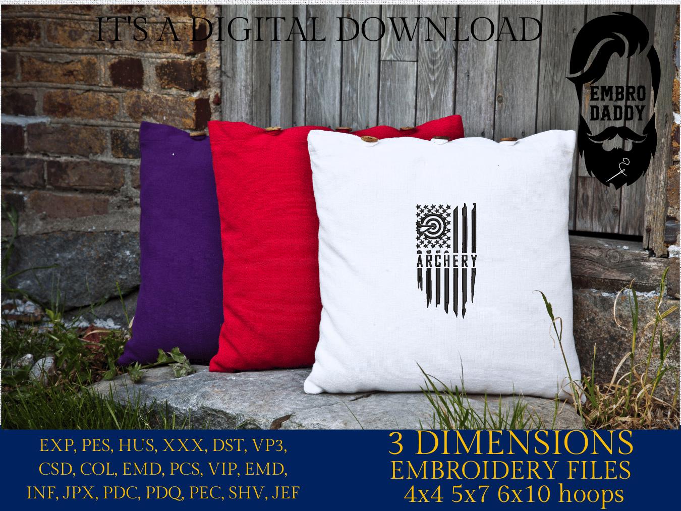 Machine Embroidery files, Archery, Usa flag, PES, DST, hus & more