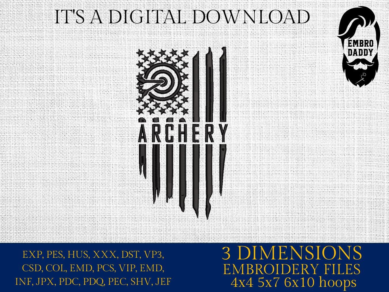 Machine Embroidery files, Archery, Usa flag, PES, DST, hus & more
