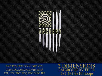 Machine Embroidery files, Archery, Usa flag, PES, DST, hus & more