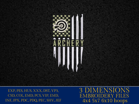 Machine Embroidery files, Archery, Usa flag, PES, DST, hus & more