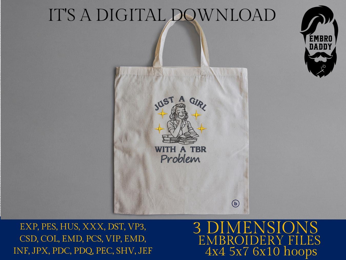 Machine Embroidery files, TBR Problem, Girl, Retro, Book Lover, Funny, Sarcastic, Bookish, Reading Girl, PES, xxx, hus & more