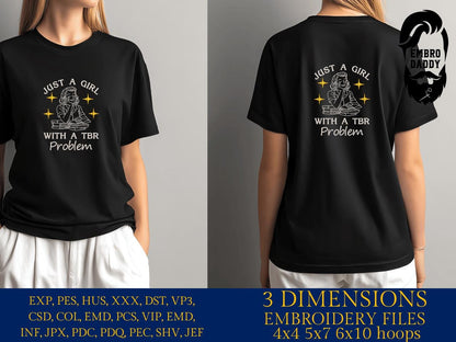 Machine Embroidery files, TBR Problem, Girl, Retro, Book Lover, Funny, Sarcastic, Bookish, Reading Girl, PES, xxx, hus & more