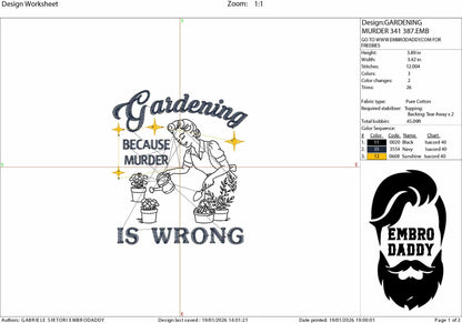 Machine Embroidery files, Gardening Because Murder Is Wrong, Vintage Retro Funny Retro Housewife, Funny Sarcastic, PES, DST, xxx, hus & more