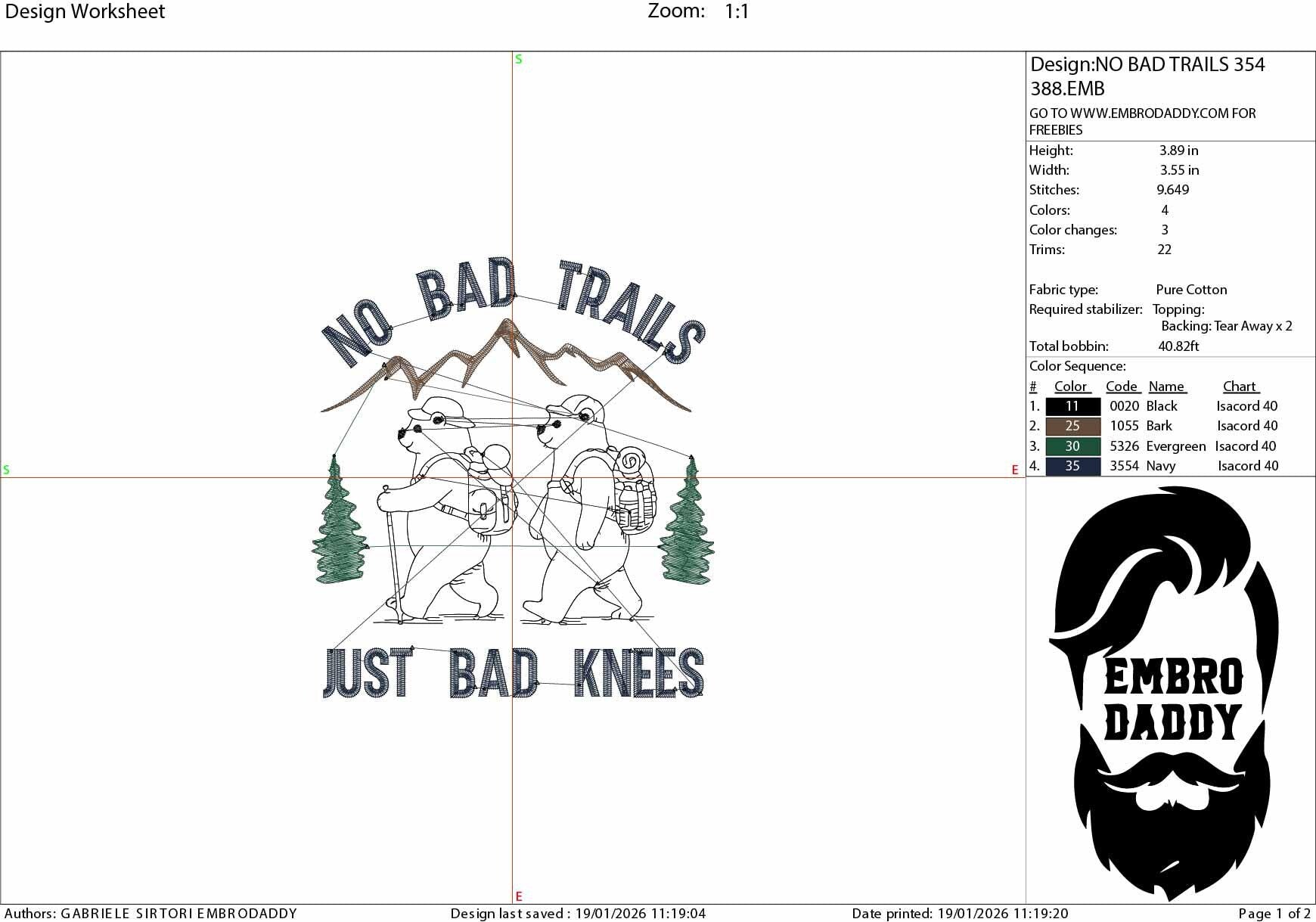 Machine Embroidery files, No Bad Trails Just Bad Knees, Outdoors, Hiking Bears, Nature, PES, xxx, hus & more