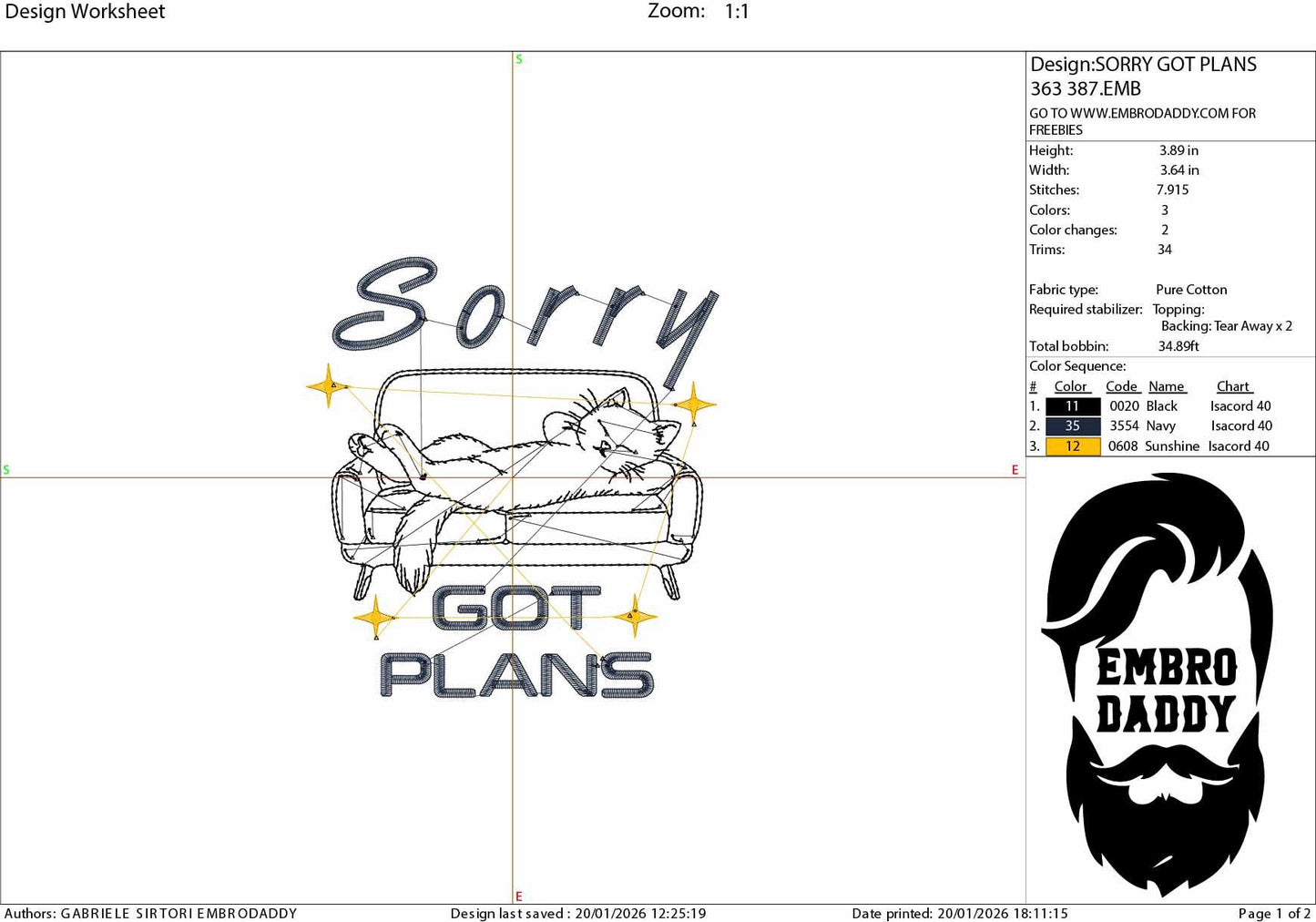 Machine Embroidery files, Sorry Got Plans, Funny Cat, Funny, Sleepy, Cat, PES, DST, xxx, hus & more