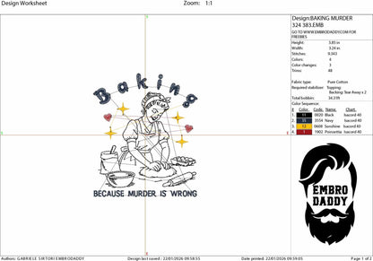 Machine Embroidery files, baking Because Murder Is Wrong, Vintage Retro Funny Retro Housewife, Funny Sarcastic, PES, DST, xxx, hus & more