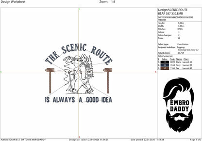 Machine Embroidery files, The Scenic Route Is Always A Good Idea, Outdoors, Hiking Bear, Nature, PES, xxx, hus & more