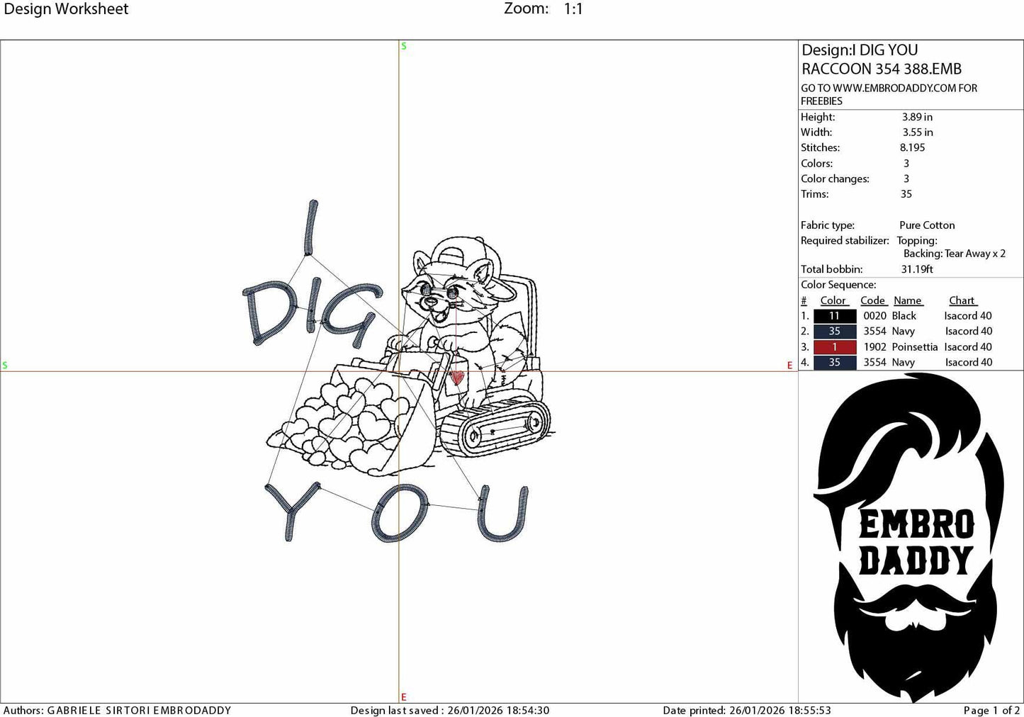Machine Embroidery files, Boy Valentine Raccoon, I Dig You Funny Excavator Heart, Feral Kids Valentine Design, PES, xxx, hus & more