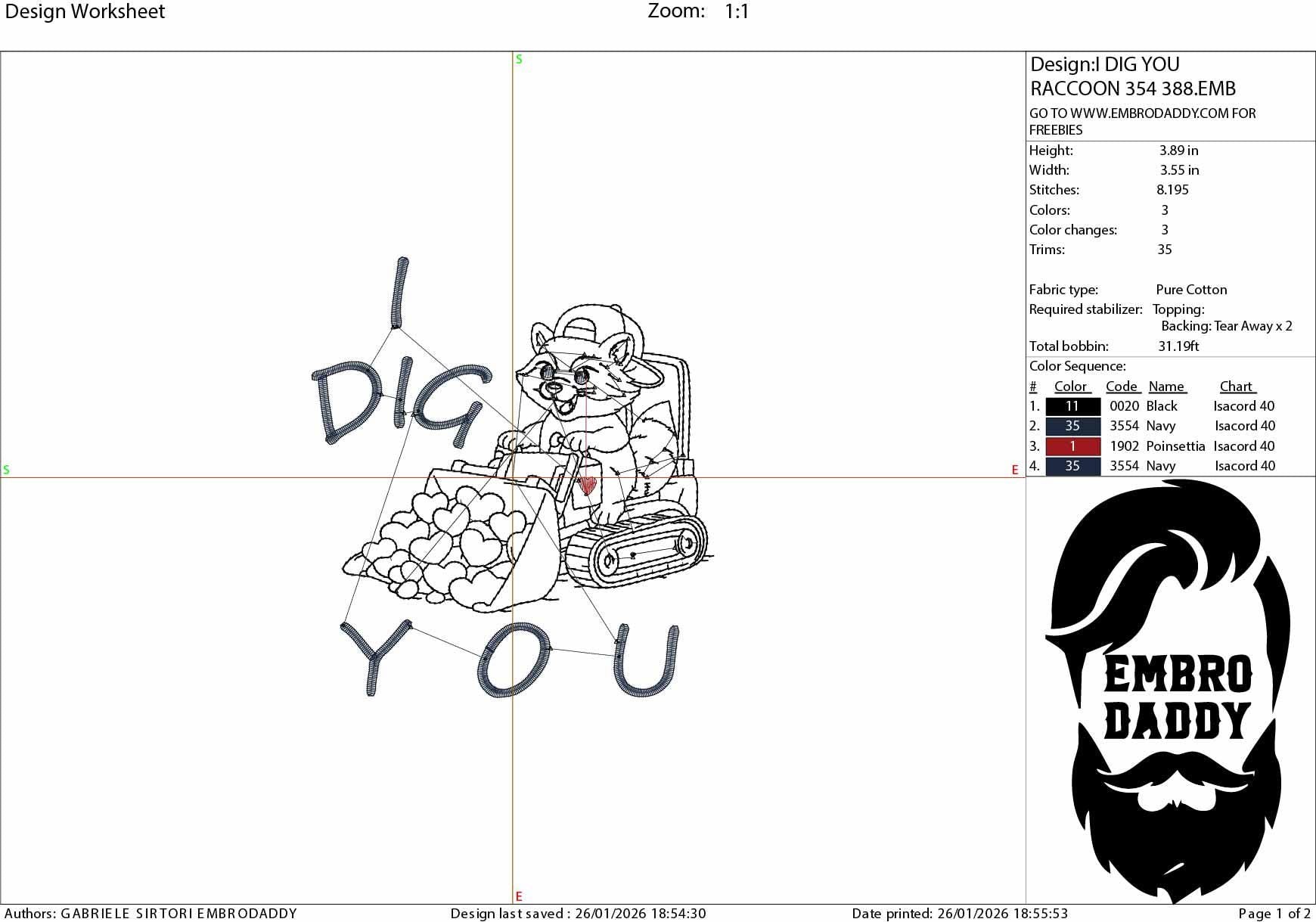 Machine Embroidery files, Boy Valentine Raccoon, I Dig You Funny Excavator Heart, Feral Kids Valentine Design, PES, xxx, hus & more