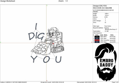 Machine Embroidery files, Boy Valentine Raccoon, I Dig You Funny Excavator Heart, Feral Kids Valentine Design, PES, xxx, hus & more