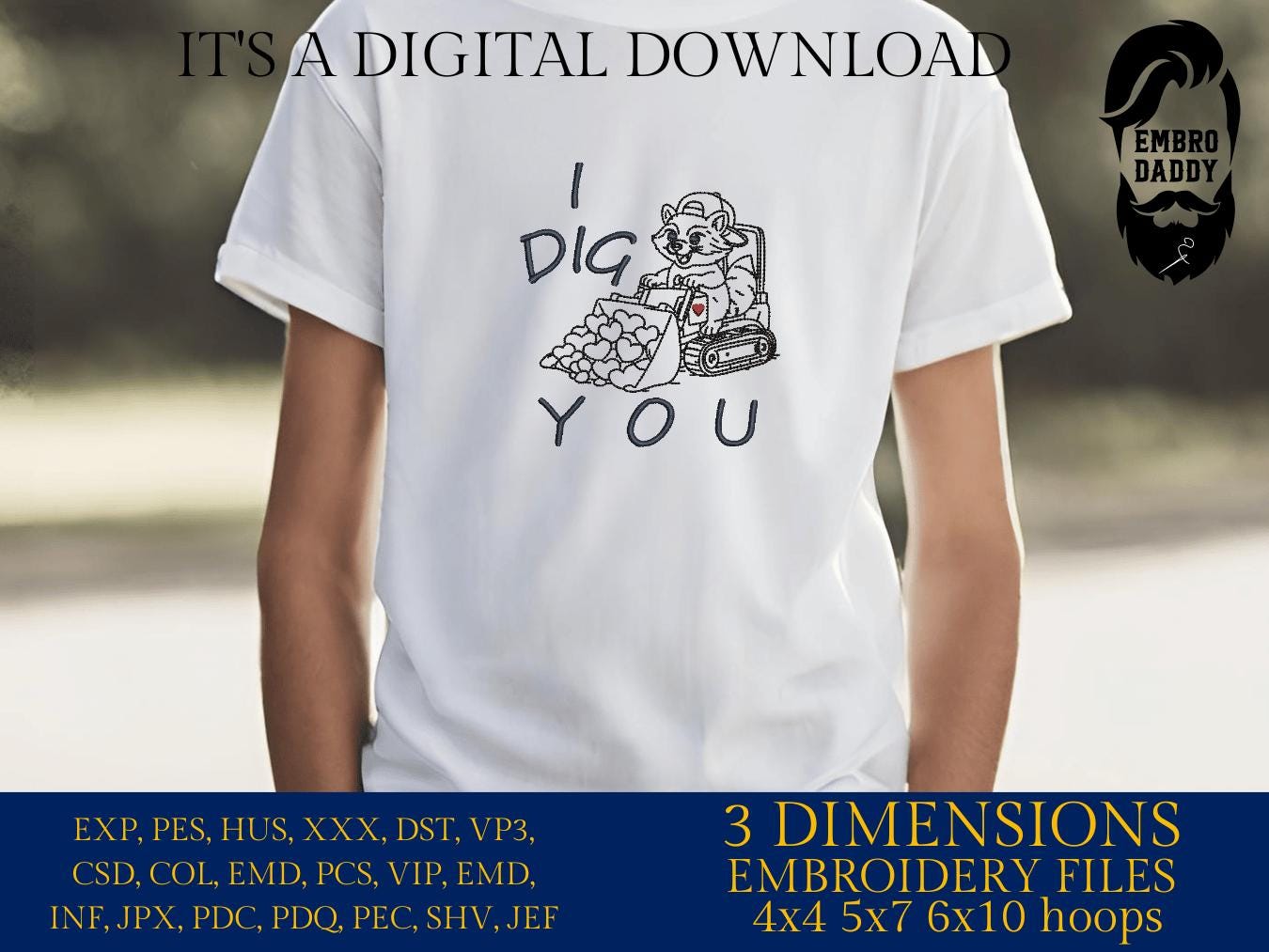 Machine Embroidery files, Boy Valentine Raccoon, I Dig You Funny Excavator Heart, Feral Kids Valentine Design, PES, xxx, hus & more