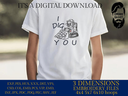 Machine Embroidery files, Boy Valentine Raccoon, I Dig You Funny Excavator Heart, Feral Kids Valentine Design, PES, xxx, hus & more