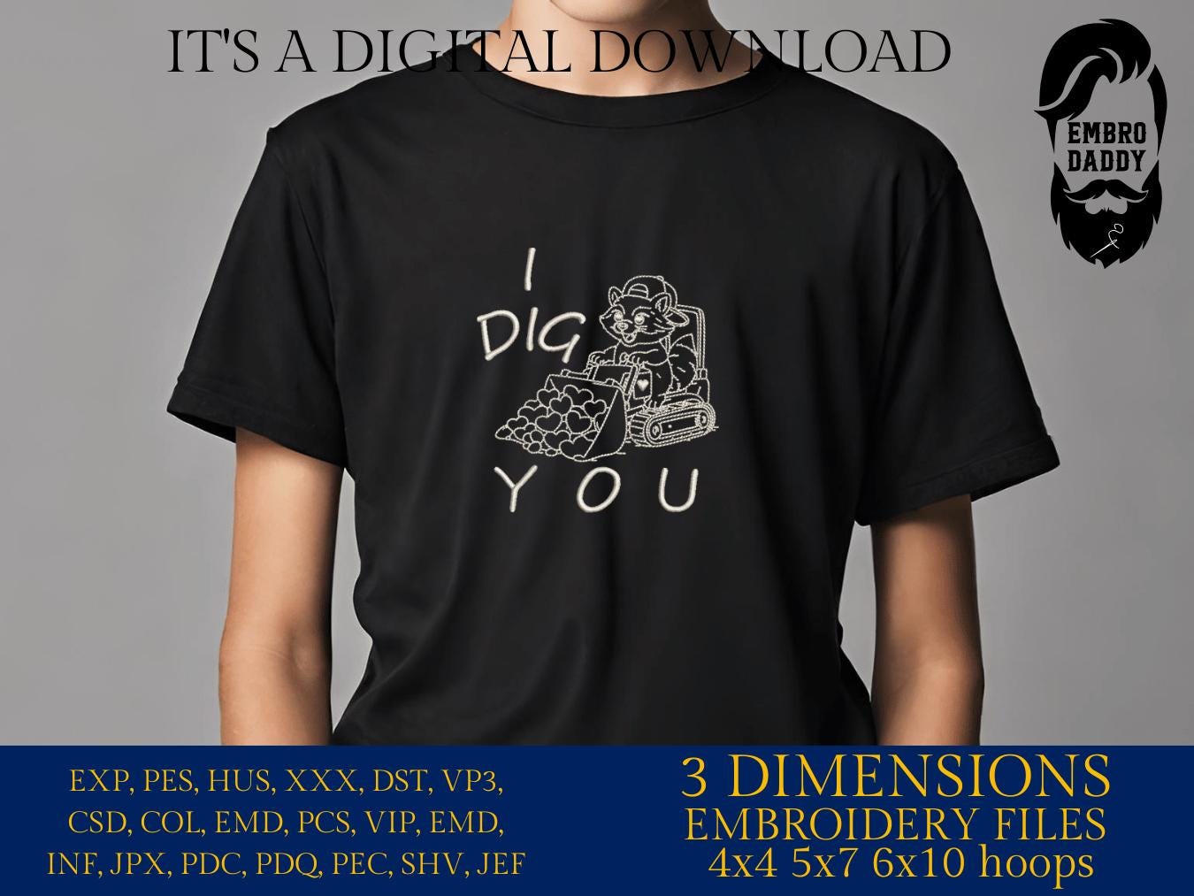 Machine Embroidery files, Boy Valentine Raccoon, I Dig You Funny Excavator Heart, Feral Kids Valentine Design, PES, xxx, hus & more