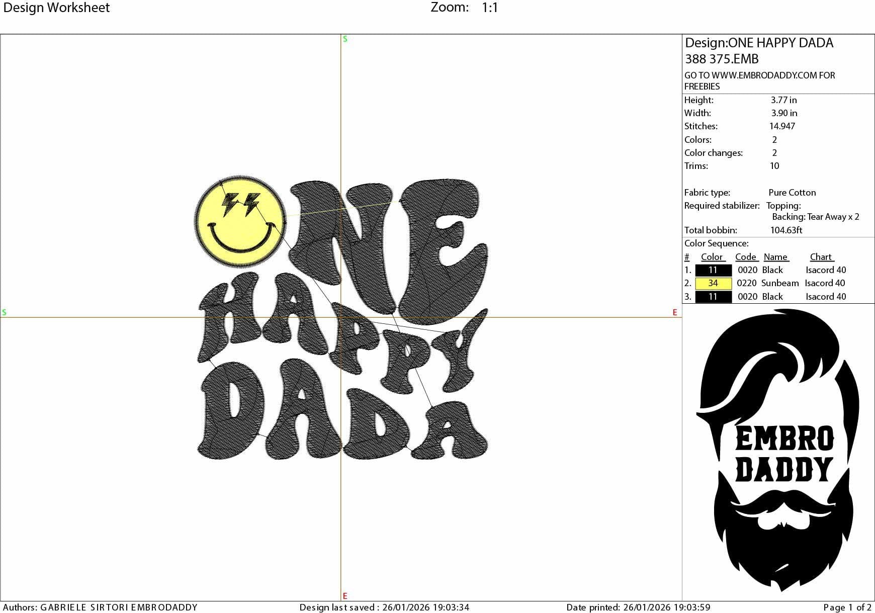Machine Embroidery files, One Happy Dada, First Birthday, Retro Wavy Text, Happy Face Trendy, PES, DST, xxx, hus & more