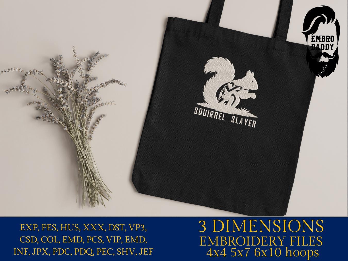 Squirrel Slayer Embroidery File – Hunter Silhouette Design – 4x4 5x7 6x10 Hoop – PES DST JEF VP3 Machine Embroidery Pattern