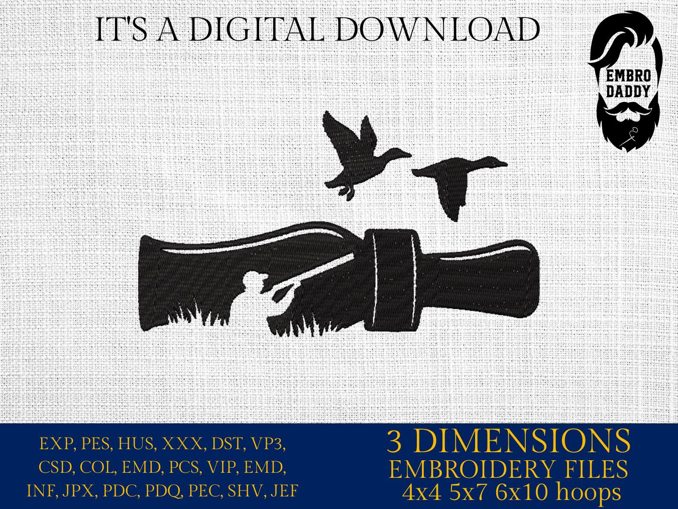 Machine Embroidery files, Duck Hunting, Duck Call, Hunting Season, PES, xxx, hus, dst & more