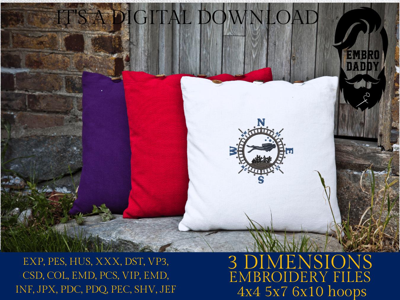 Scuba Diver Compass Embroidery File – Nautical Diving Design – Pes DST EXP JEF – Instant Download