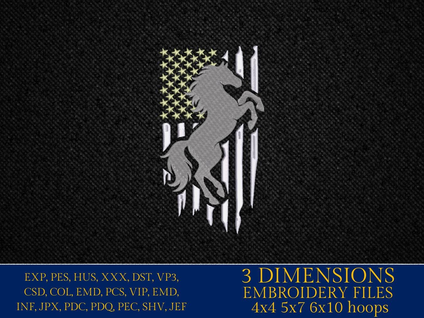 American Flag Horse Embroidery Design – Vertical Distressed USA Flag with Rearing Horse – Machine Embroidery File PES, xxx, dst, hus & more
