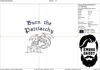 Machine Embroidery files, Burn the Patriarchy, Political, Empowerment Feminist, Social Justice, Human Rights, PES, dst, xxx, hus & more