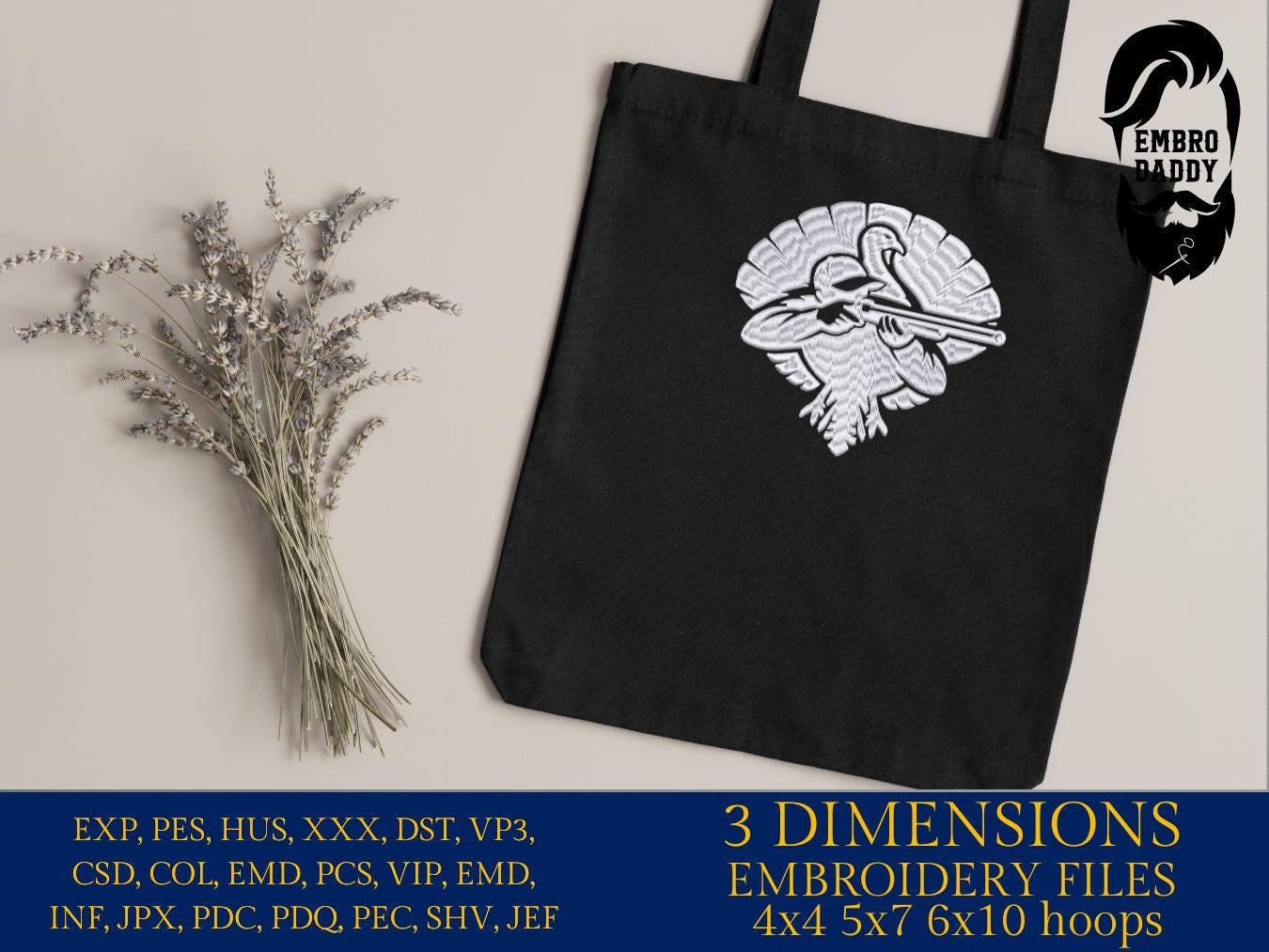 Machine Embroidery files, Turkey hunter, PES, DST, xxx, hus and more