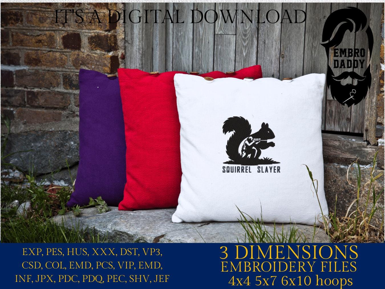 Squirrel Slayer Embroidery File – Hunter Silhouette Design – 4x4 5x7 6x10 Hoop – PES DST JEF VP3 Machine Embroidery Pattern