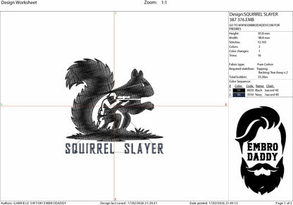Squirrel Slayer Embroidery File – Hunter Silhouette Design – 4x4 5x7 6x10 Hoop – PES DST JEF VP3 Machine Embroidery Pattern