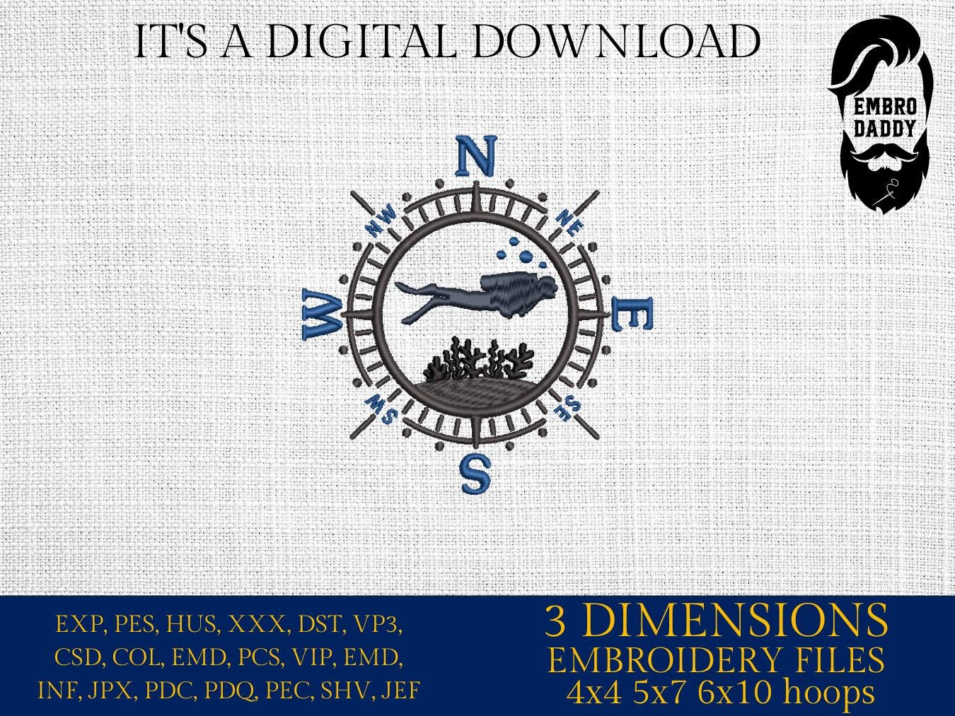 Scuba Diver Compass Embroidery File – Nautical Diving Design – Pes DST EXP JEF – Instant Download