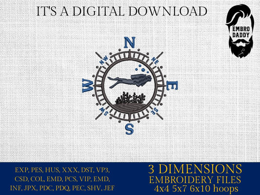 Scuba Diver Compass Embroidery File – Nautical Diving Design – Pes DST EXP JEF – Instant Download