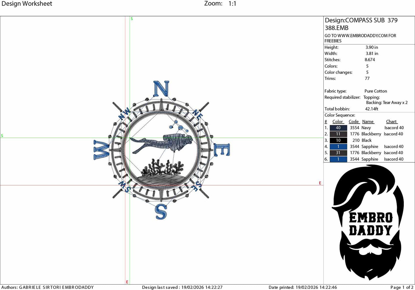Scuba Diver Compass Embroidery File – Nautical Diving Design – Pes DST EXP JEF – Instant Download
