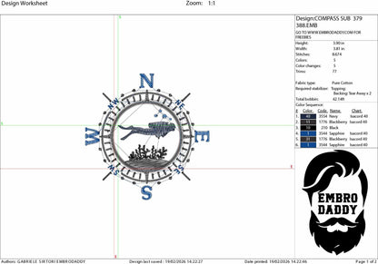 Scuba Diver Compass Embroidery File – Nautical Diving Design – Pes DST EXP JEF – Instant Download
