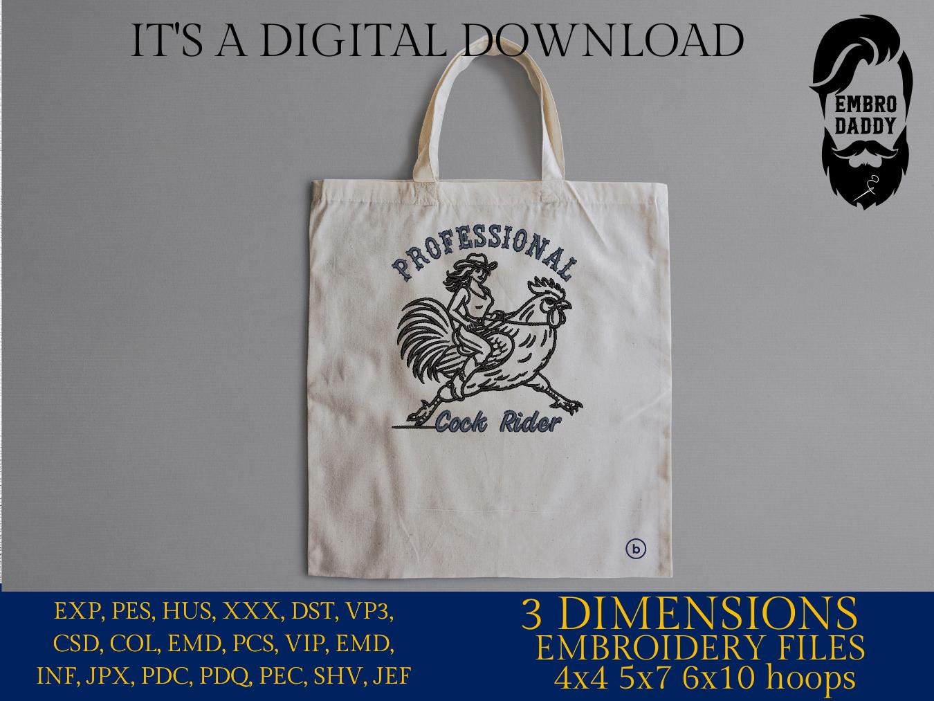 Machine Embroidery files, Professional Cock Rider | Funny Adult Humor, PES, dst, hus & more