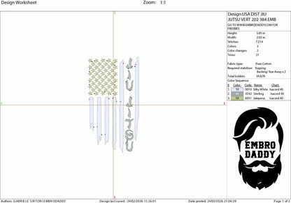American Flag Jiu jitsu Embroidery Design – Distressed USA Flag with jiujitsu, martial arts, Machine Embroidery File PES, xxx, dst, & more