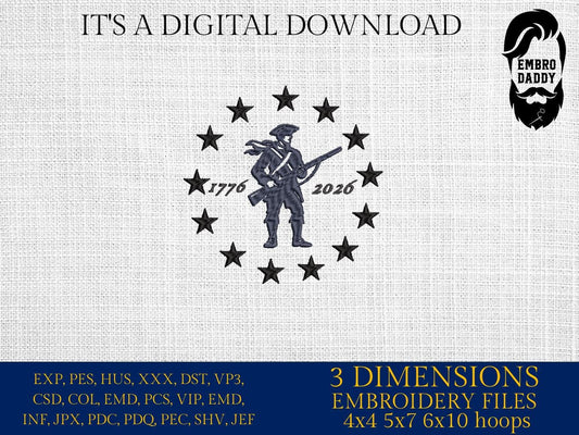 Machine Embroidery files, Minuteman Patriot, 1776 - 2026, 250th adniversary, Betsy Ross flag, USA flag, PES, xxx, dst, hus & more