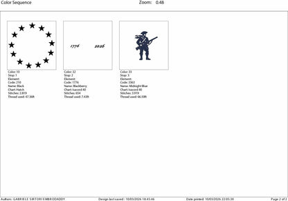 Machine Embroidery files, Minuteman Patriot, 1776 - 2026, 250th adniversary, Betsy Ross flag, USA flag, PES, xxx, dst, hus & more