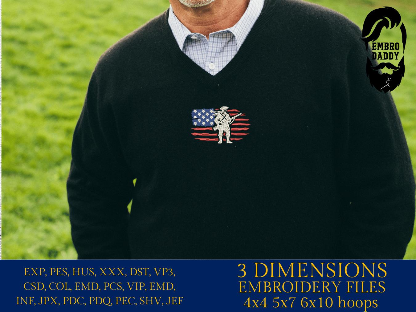 Machine Embroidery files, Minuteman Patriot, USA flag, PES, xxx, dst, hus & more