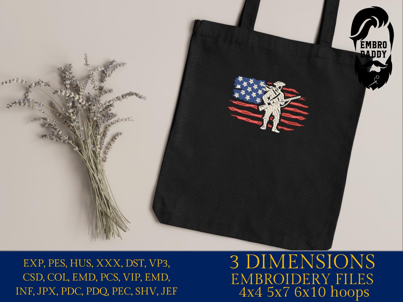 Machine Embroidery files, Minuteman Patriot, USA flag, PES, xxx, dst, hus & more