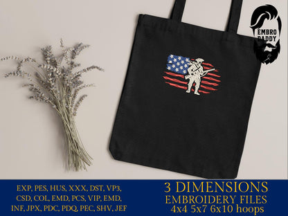 Machine Embroidery files, Minuteman Patriot, USA flag, PES, xxx, dst, hus & more