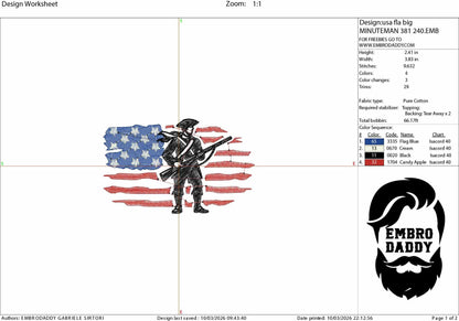Machine Embroidery files, Minuteman Patriot, USA flag, PES, xxx, dst, hus & more