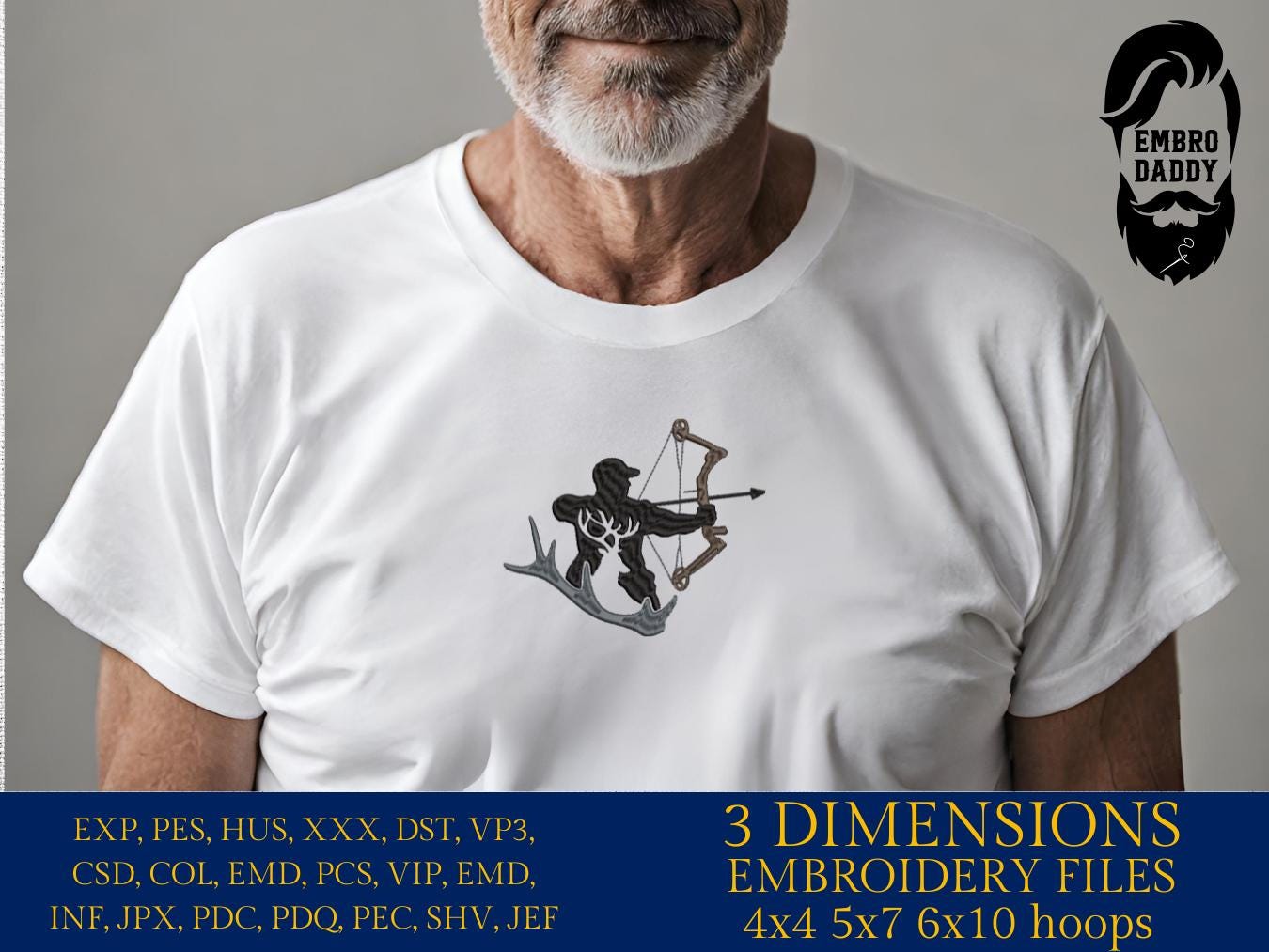 Machine Embroidery files, Compound Bow, hunter, Compound archer, buck, antlers, deer, PES, DST, hus & more