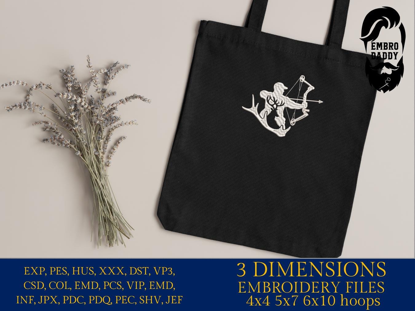 Machine Embroidery files, Compound Bow, hunter, Compound archer, buck, antlers, deer, PES, DST, hus & more