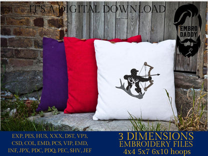 Machine Embroidery files, Compound Bow, hunter, Compound archer, buck, antlers, deer, PES, DST, hus & more